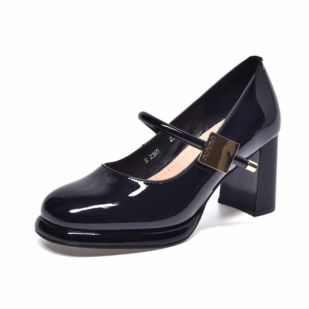 Square head Mary Jane shoes women's spring new one-word buckle shallow mouth single shoes high heels thick heel fashion shoes