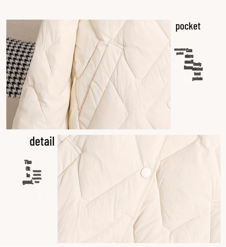 Women's Diamond Quilted V-Neck Down Jacket - White Petite Lightweight Outerwear, Short Autumn/Winter 2024 Fashion.