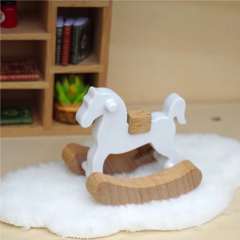 Wooden Horse Rocking Horse 1:12 Dollhouse Ornaments Mini Wooden Horse Model Fairy Garden Doll Decorative Accessories