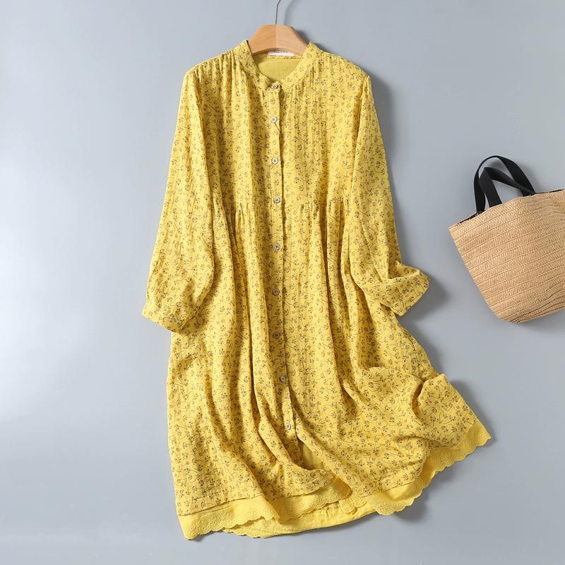 8 Färger Lamtrip-Retro Blommig Bomullsgarn Långärmad Enkelknäppt Morgonrock Casual Mjuk Hemklänning