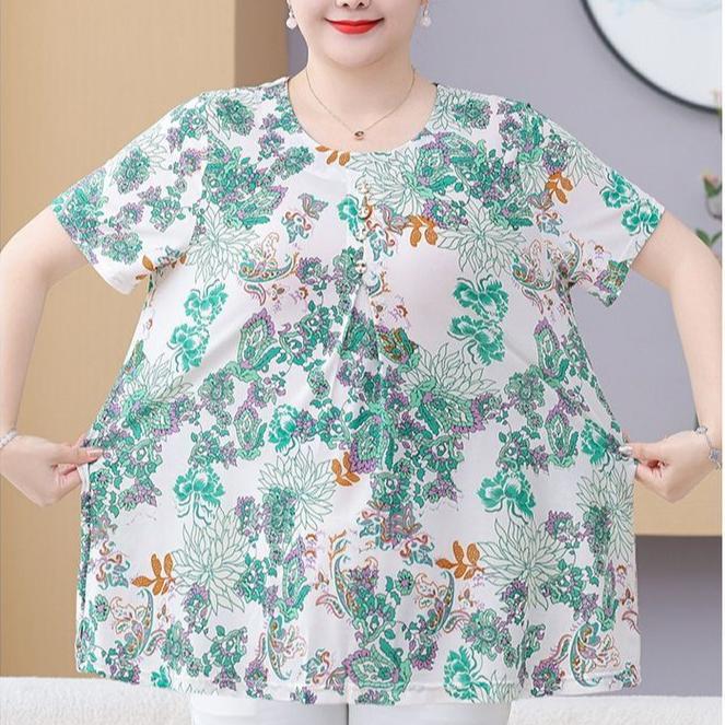 Summer Women's Print Blouse Loose Short Sleeve T-shirt Round Neck Plus Size Blouse 3XL-8XL