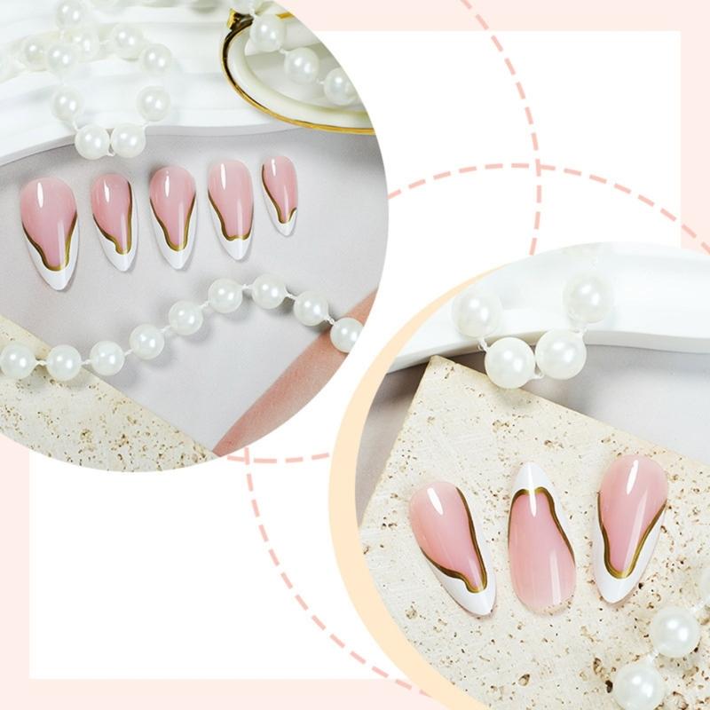 1 Set Unghie Artificiali French Tip Unghie Finte Staccabili Press On Unghie Mandorla Copertura Totale Unghie da Incollare per Donna