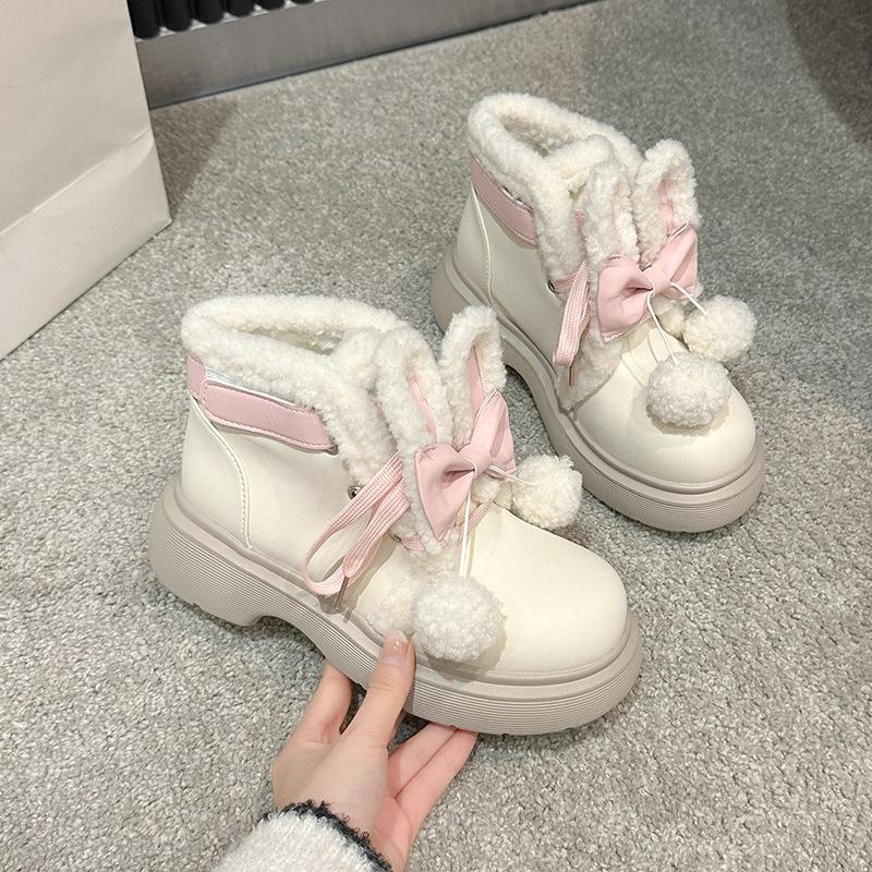 

Lovely White Pink Lolita Short Boots Thick Bottom Plush Shoes for Women Winter Comfortable Snow Boots Size 35-40 Bottes Femmes 40