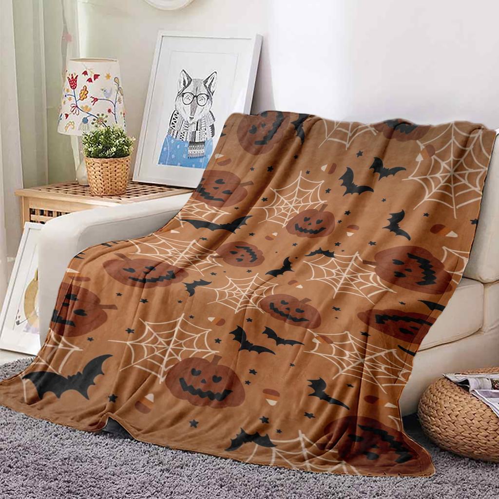 Festive Halloween Pumpkin and Ghost Print Flannel Blanket Perfect Gift for Sofa Office Bed Plane Travel Sleep Read Relax Camping