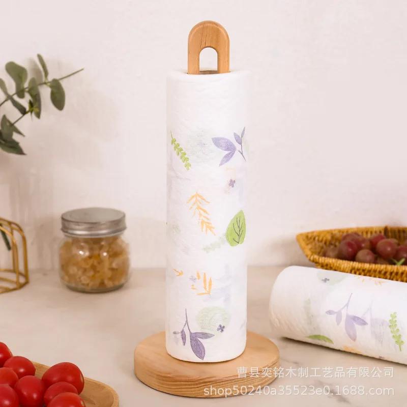 Wooden Paper Towel Holder Kitchen No-Punch Paper Roll Holder Rag Clingfilm Fresh Bag Vertical Solid Wooden Organizer