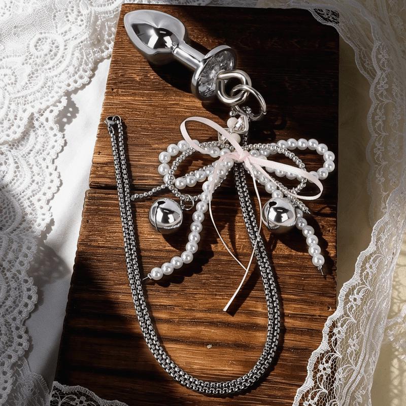 French Pearl Bow Metal Anal Plug with Pull Ring - SM Adult Necklace Toy