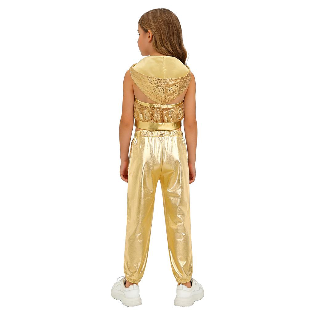 Mädchen Glitzernde Pailletten Reißverschluss Vorne Crop Top Elastische Taille Hose Hip Hop Jazz Tanz Set