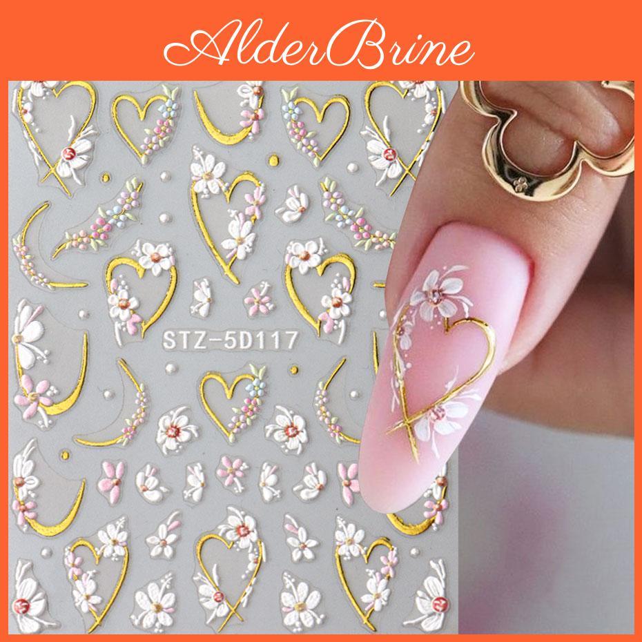 Gold Kawaii Embossed Floral 5d Line Sliders Spring White Flowers Nail Stickers Diy Petals Wedding Nails Decals Accesories