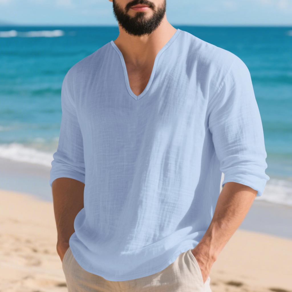 Men's Cotton-Linen Long-Sleeve Deep V-Neck Top, Lightweight Casual Shirt