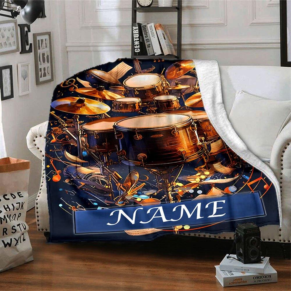 Drum Set Music Art Home Customize Your Name Blankets Soft Cozy Lightweight All Season Multi Use Throw Blanket For Couch Office Bed Living Room Perfect