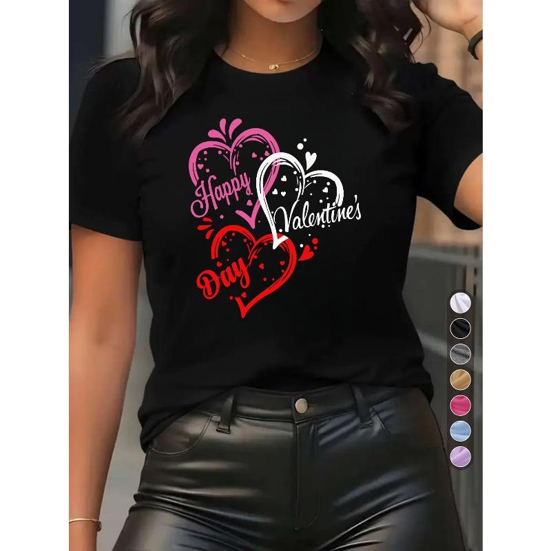 European Size Women'S Casual Sports T-Shirt | Crew Neck, High Stretch Fabric, Valentine'S Day Heart Design, Perfect for Dating and All-Season Comfort