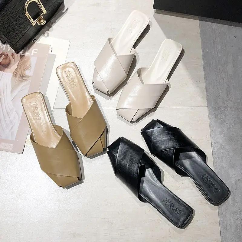 Fashion Flat Apricot Outside Shoes for Women Woman Slippers Sandals Slides Leather On Beach Job Mules New Style Natural Skin Fashion B W