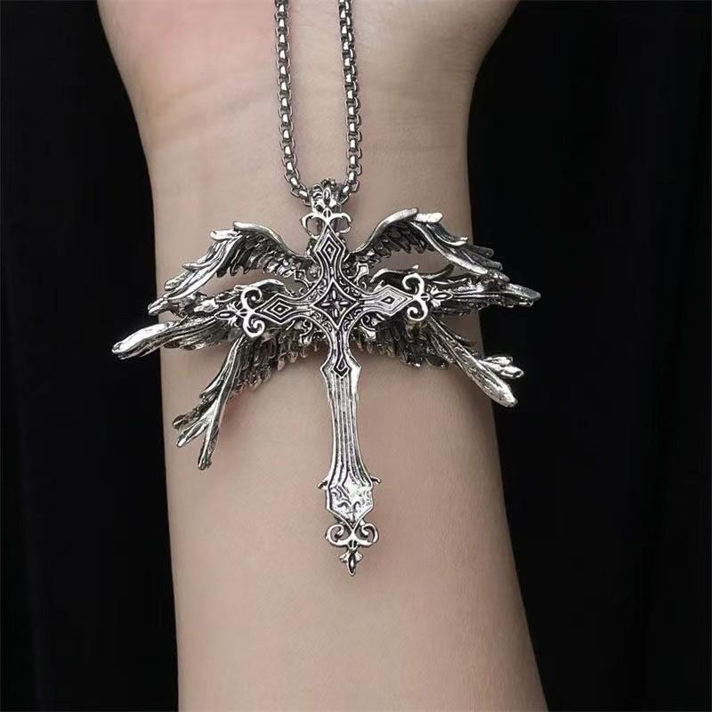 Gorgeous Six Wing Angel Cross Necklace Trendy Geometric Pendant With Durable Material Alloy