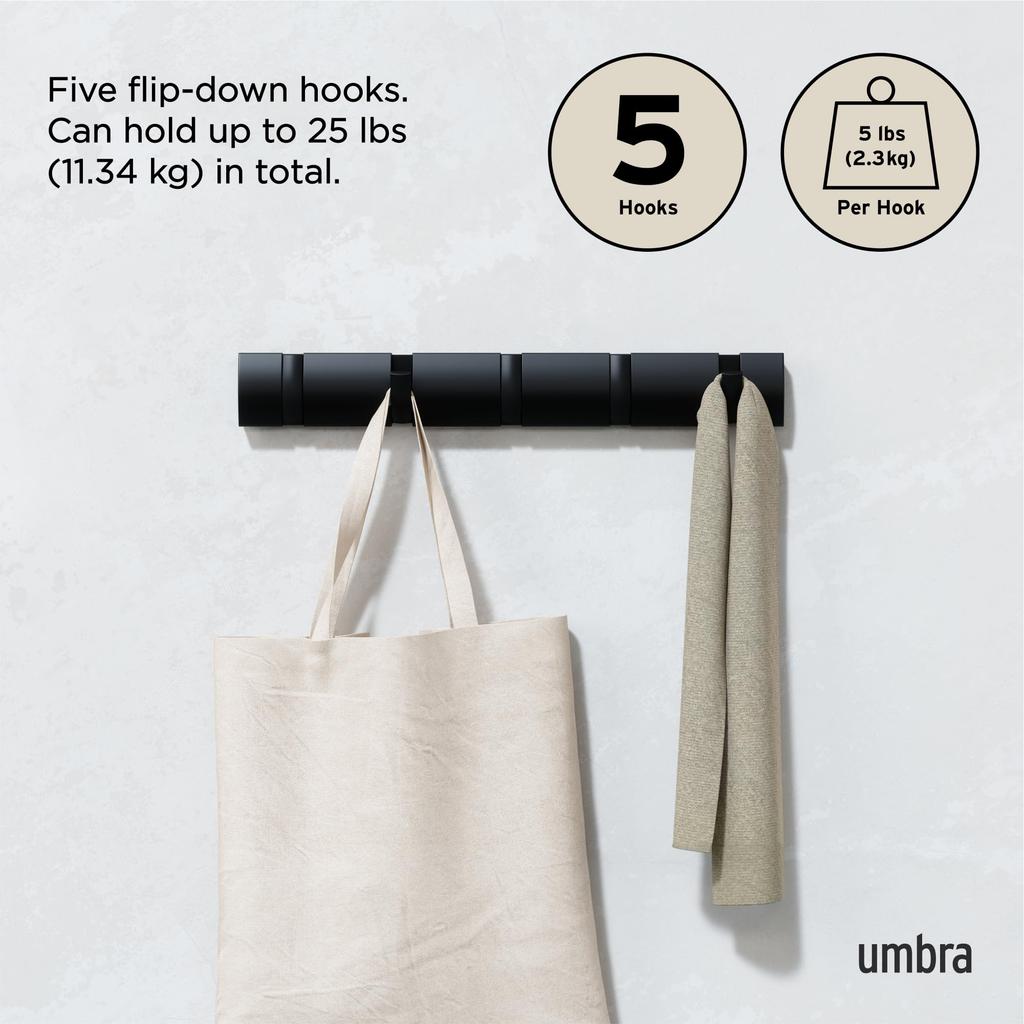 Official Umbra Wall Wall Storage FLIP 2318850040 Hooks, Hanger, Hooks, Wooden, Black, 5-Row HOOK,