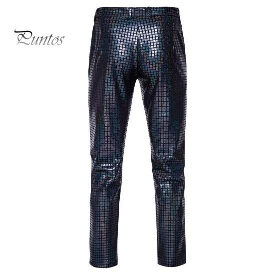 Men Nightclub Pants Bronzing Metalic Sequin Straight Leg Slim Fit Hip Hop Style Ankle Length Hippie Trousers Party Costume