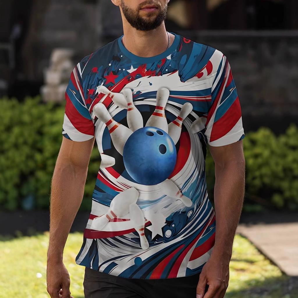 Καλοκαιρινή Μπλούζα με Στρογγυλή Λαιμόκοψη και 3D Εκτύπωση Μοτίβου Μπόουλινγκ Μοντέρνα Ανδρικά T-shirts με Κοντό Μανίκι