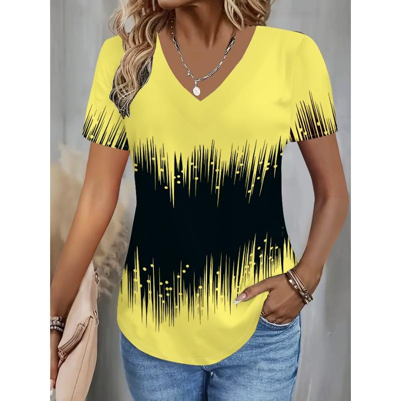 Elegant directional yellow gradient printed women s wide collar T-shirt trendy fashion short-sleeved V-neck printed and dyed tops for women 4XL