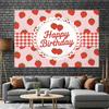 2D Flat Red Gingham Strawberry Birthday Backdrop Photography Background