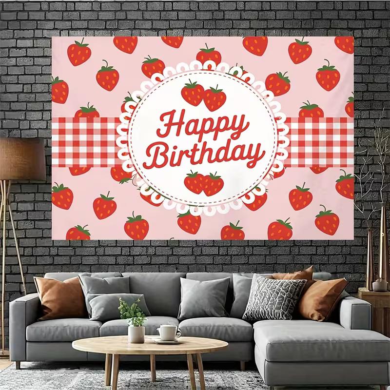 2D Flat Red Gingham Strawberry Birthday Backdrop Photography Background