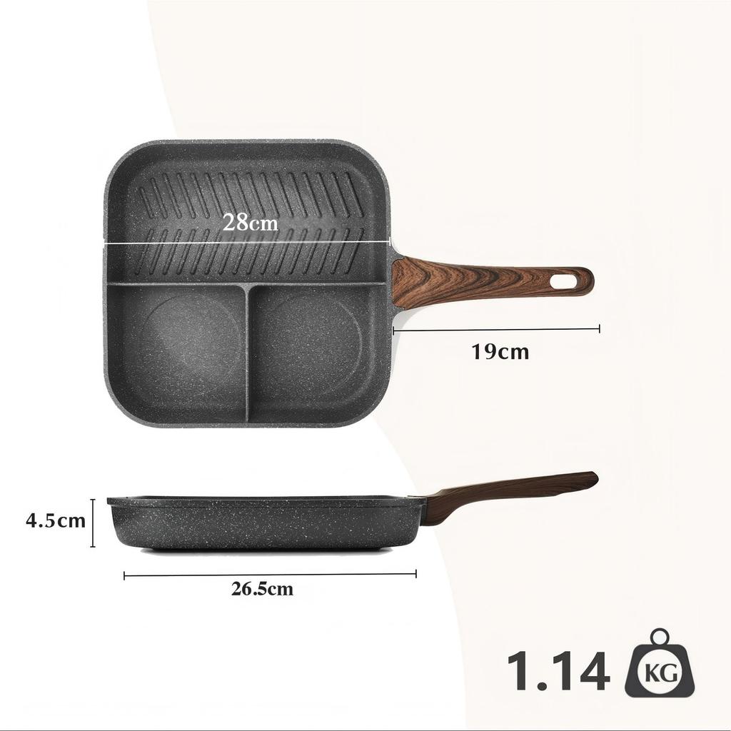 SENSARTE 28cm Frying Pan with Square Frying Gray Marble-Coated Compartments, Induction/Gas/Grill Pan, 3-Compartment Pan, Non-Stick, One-Year Warranty,