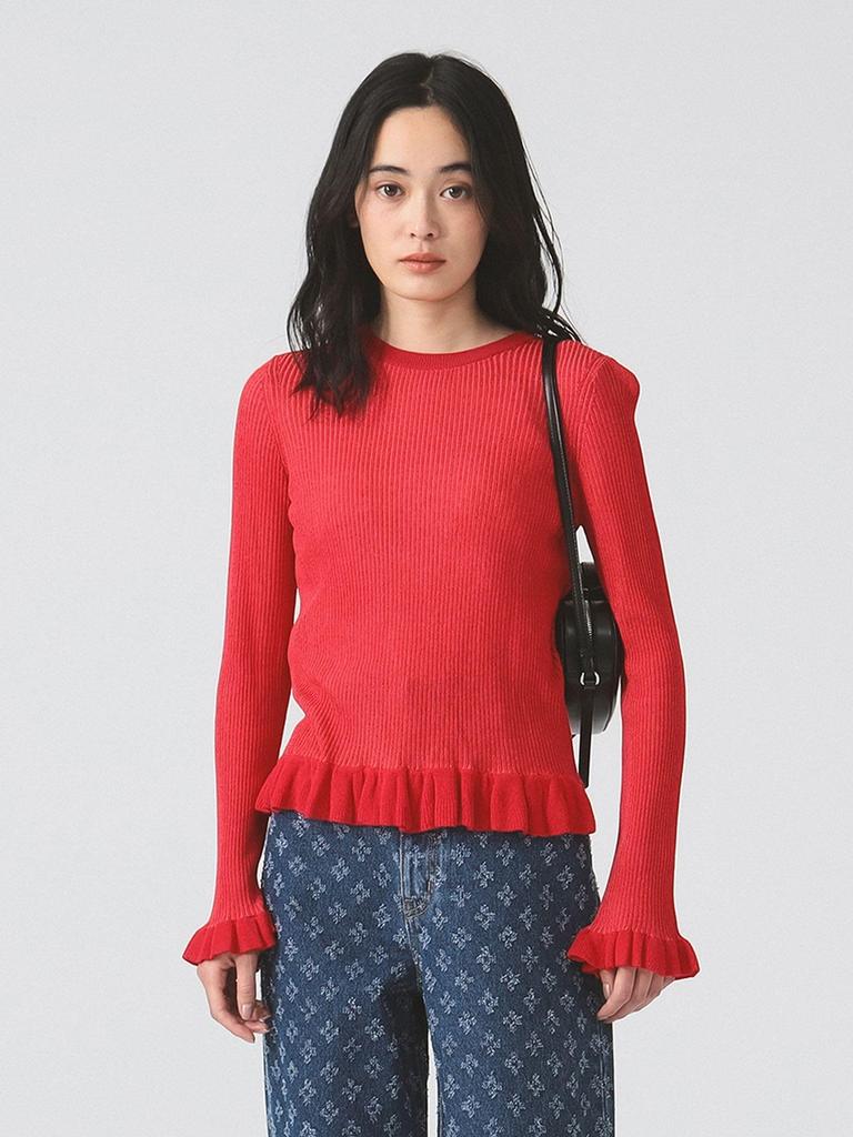 Ray Beams RIB Frill Hem Long Sleeve Knit Size Women's Sweater, Red/Free