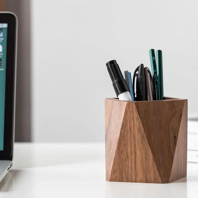 Black Walnut Wood Desk Pen Holder Writing Stationary Organizer Wooden Cosmetic Storage Box Office and School Supplies