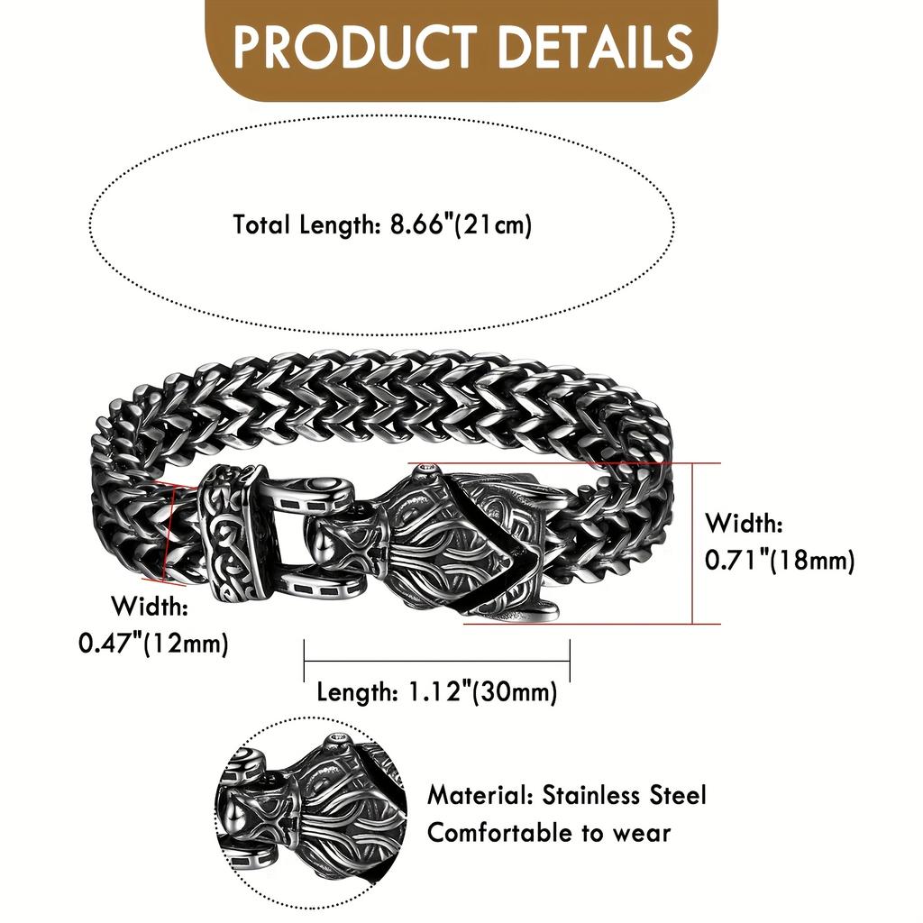 Men'S Nordic Viking Wolf Head Chain Bracelet Punk Norwegian Rider King Stainless Steel Chain