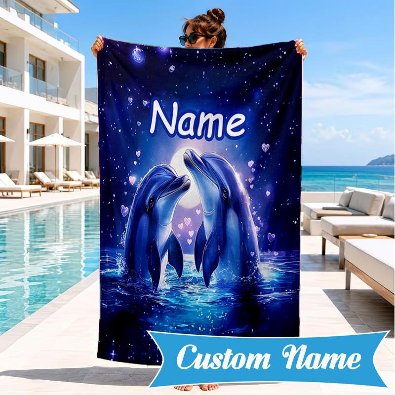 Custom Name Dolphins Starry Night Beach Towel Microfiber Beach Towel, Lightweight and Quick-Dry, for Summer Travel, Swimming Pool Gift