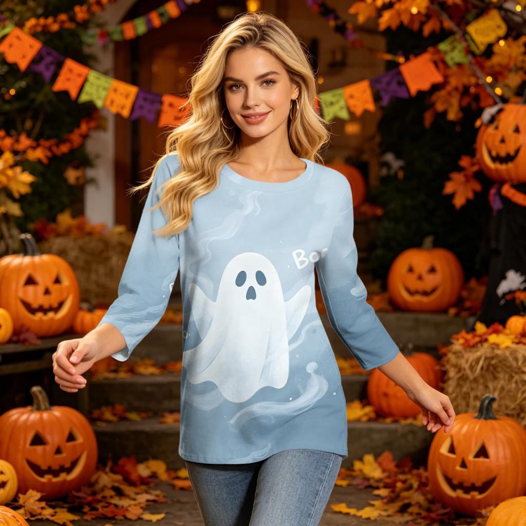 Women's Casual 3/4 Sleeve Halloween Print Round Neck Top Lightweight Loose Fit Pullover Shirt for Everyday Wear