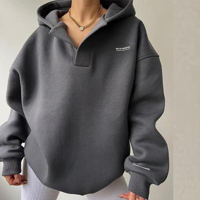 Women's Sweater Plus Fleece Fashion Hooded Solid Color Top Casual Long-sleeved V-neck Warm Pullover