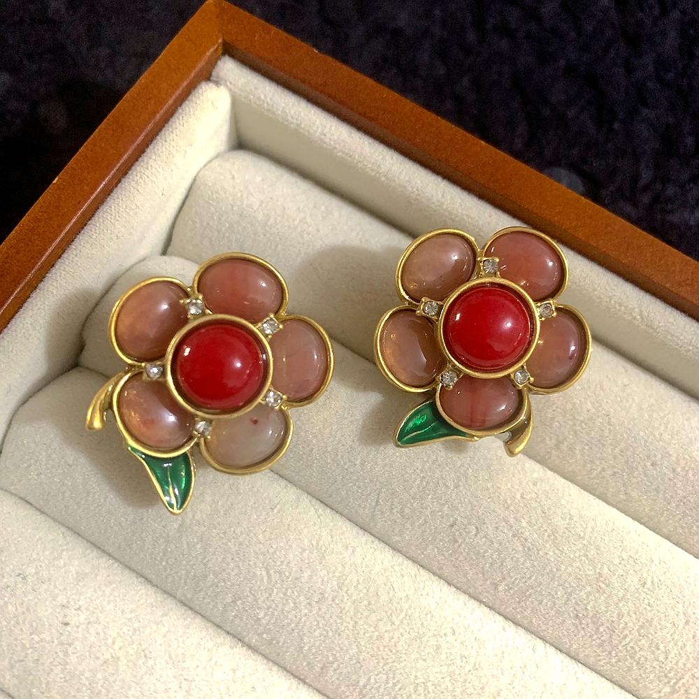 Vintage fashion high-end sense camellia flower red agate stone pink stone green crystal stone earring brooch necklace set