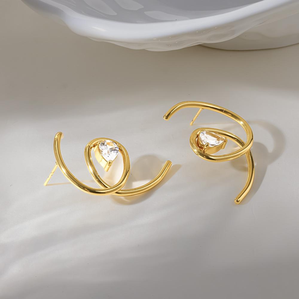 European and American Inlaid Water Drop Zircon Stud Earrings, Special-shaped Geometric Curves, Lines Do Not Fade, Earrings Are Light Luxury