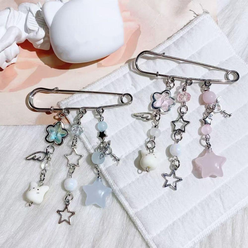 Pink and Blue Y2k Stars Brooch Bag Charm Beaded Brooch Fashion Outfit Beaded Bag Pins Women Girls