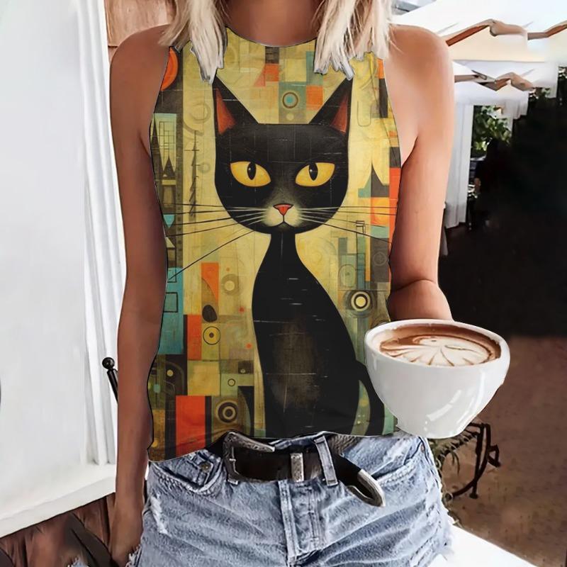 Summer Funny Face Cat 3D Print Tank Tops Women Fashion Streetwear Oversized O-Neck Oest Off Shoulder Sleeveless Woman Camisole