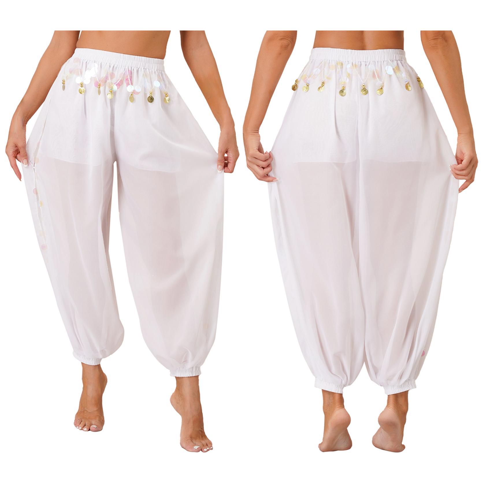 

Женские шифоновые брюки-фонарики для танца живота с блестящими боковыми разрезами, шаровары, нарядные брюки на Хэллоуин One Size