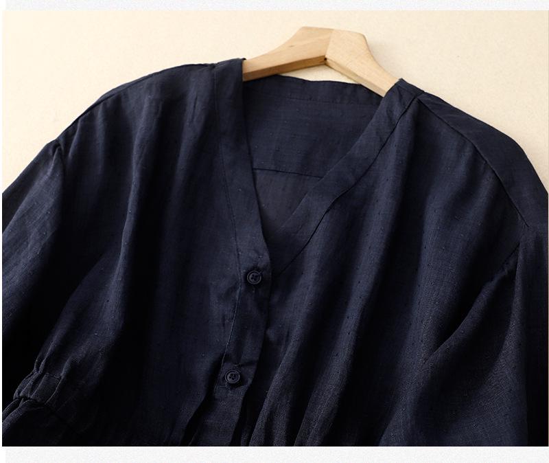 2025 Spring/Summer Women's V-neck Waist-Cinching Cotton Linen Top - Loose, Slimming, Versatile, Five-Sleeve Shirt