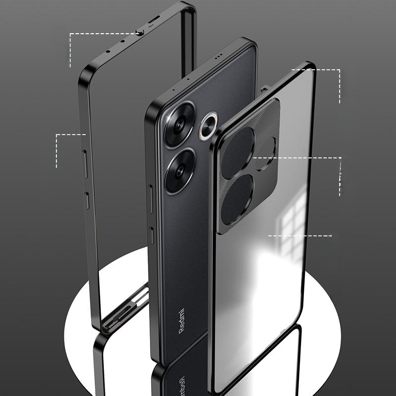 Stoßfeste Telefonhülle für Poco F6, Metallrahmen aus Aluminiumlegierung + matte, durchsichtige Acryl-Rückseitenabdeckung für Xiaomi Redmi Turbo 3