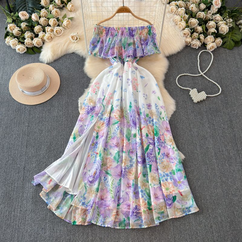 

Women s off-Shoulder Summer Elegant Super Fairy Dress Purple Print on white background M