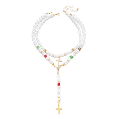 Collana con Perle Finte e Croci in Lega, Delicata sulla Pelle, Stile Retrò Francese, Catena Regolabile per l'Uso Quotidiano