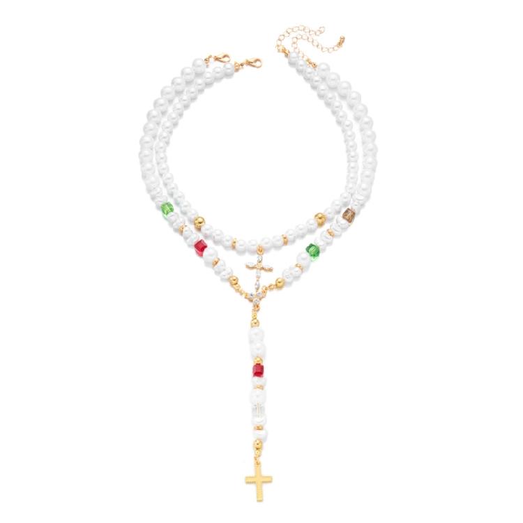 

Imitation Pearls and Alloy Crosses Necklace Skin Friendly French Retro Adjustable Chain for Everyday Use 1