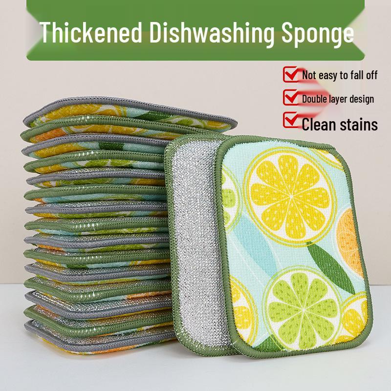 Silver Thread Printed Scouring Pad - Thick Oil-Proof Dishwashing Towel for Kitchen Cleaning