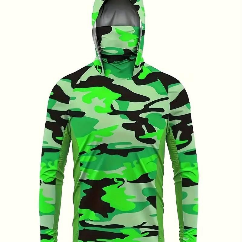 Men's Green Camouflage Printed Hooded Long Sleeve Top Breathable Lightweight Sunscreen Suitable for Outdoor Fishing