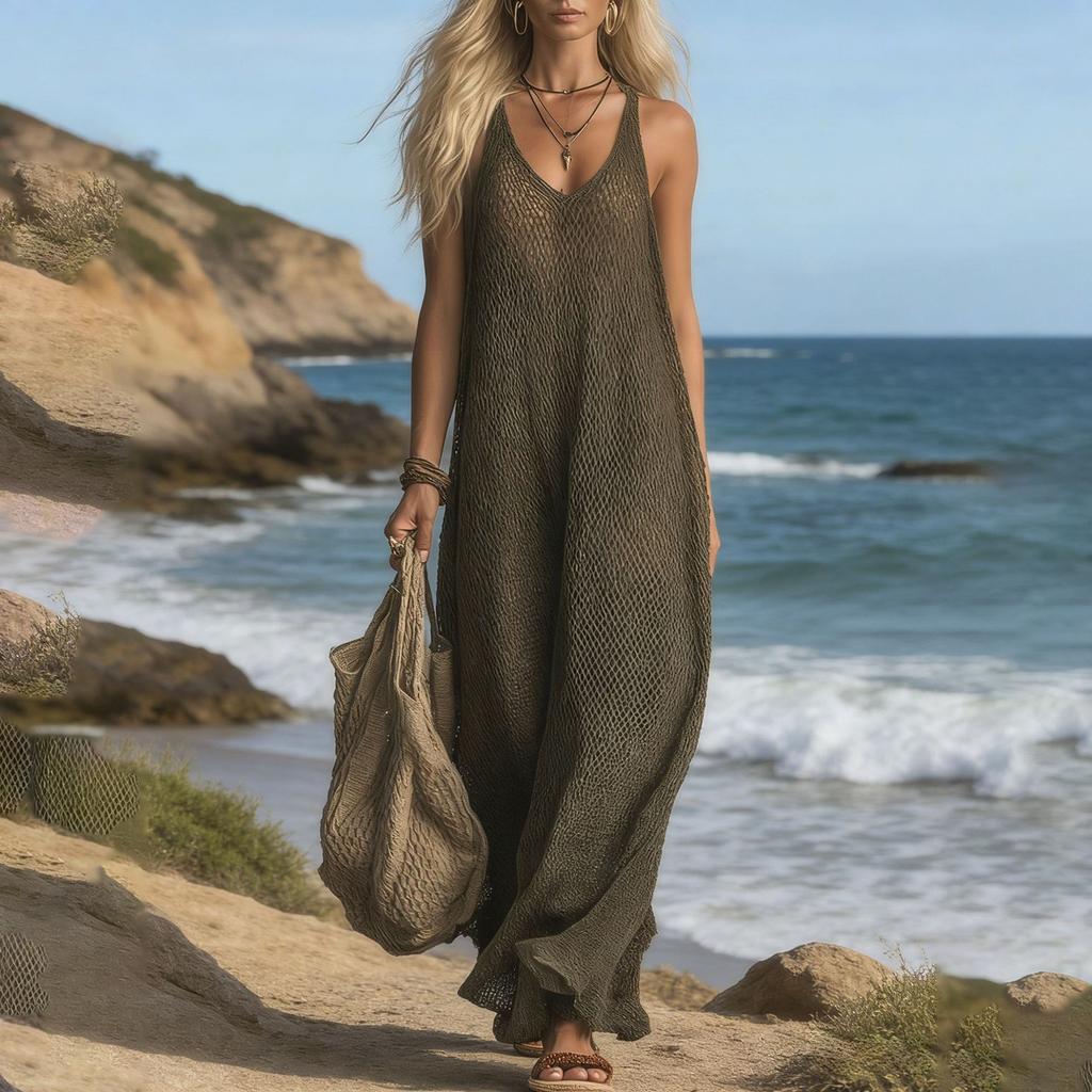 Women's  V Neck Sleeveless Retro Knit Maxi Dress