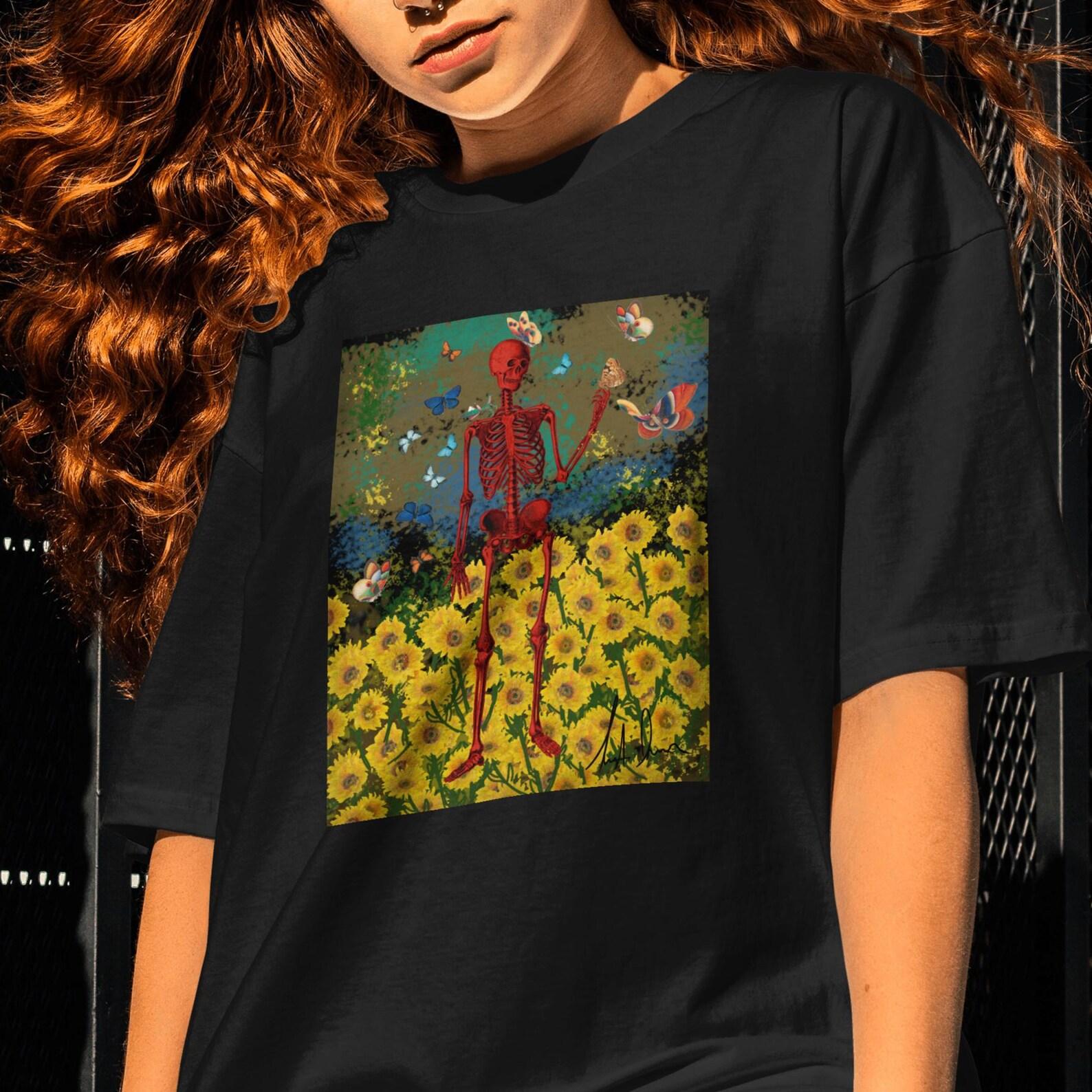 Dancing Skeleton in Sunflowers With Butterflies / Aesthetic / Gothic / Cool /aesthetic shirts, tumblr shirts, vintage shirts, 90s shirts S