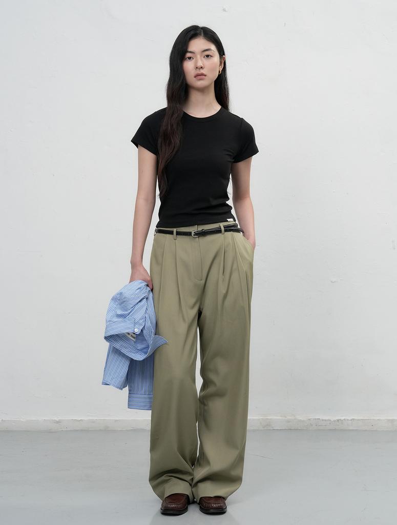 GENERALIDEA Belted Double-Pleat Wide Slacks [Olive] / Wbe3L11501