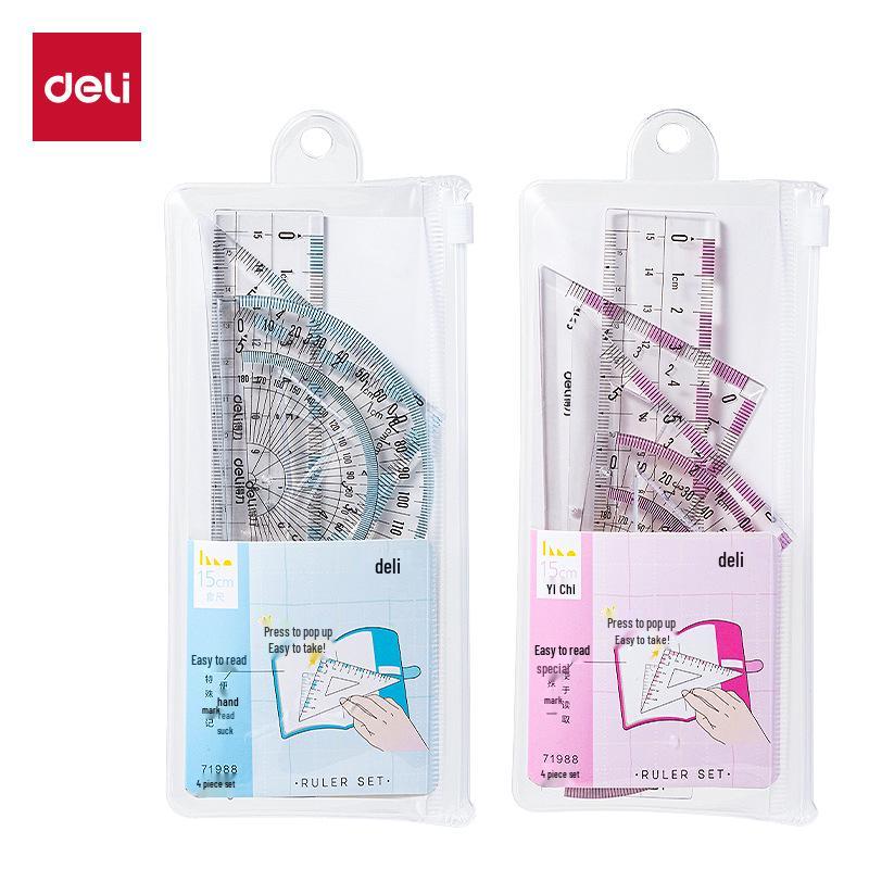 Deli 71988 Easy Pickup Ruler Set: Student Ruler, Straight Ruler, Triangle Ruler, Protractor, Multi-Spec Transparent Set 15cm