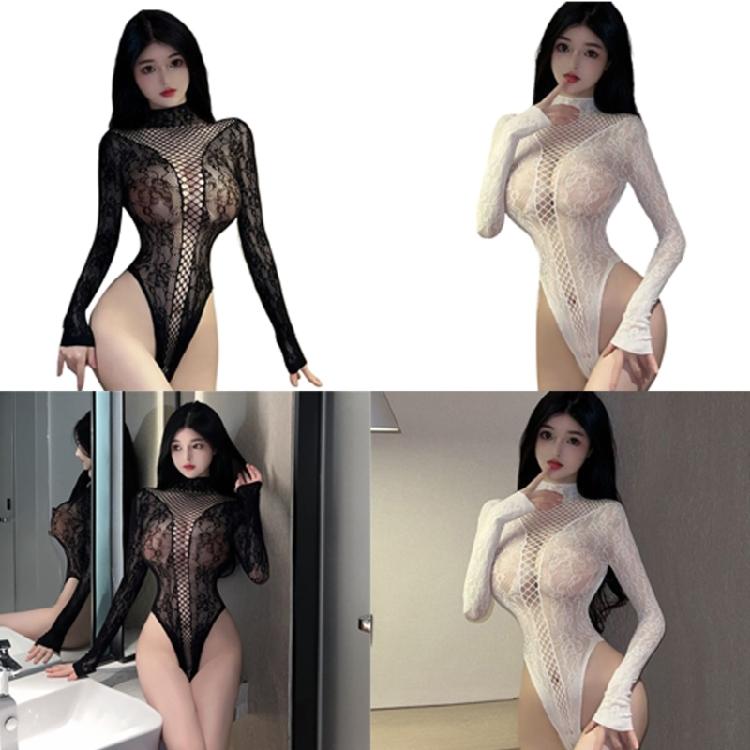 Sexy Women Fishnet Bodysuit Long Sleeve Backless Mock Neck See Through Lingerie