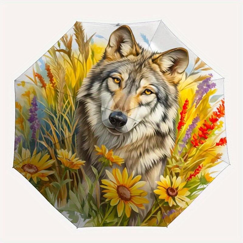 1pc Wolf Amidst Sunflowers and Lavender Automatic Open/CloseUmbrella,Compact Umbrella for Men & Women Day Gift.C031