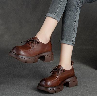 Mocassini da Donna Shanghai Retro con Plateau e Suola Spessa con Lacci - Scarpe Versatili, alla Moda, Rialzanti in Pelle di Vacchetta