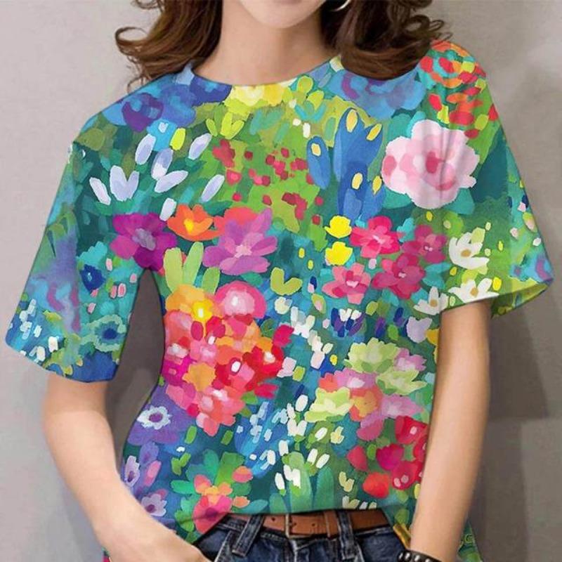 Women's T-shirt for Girls Summer Short Sleeve Fashion Sexy Girls Clothes Y2k Print Tees Wowen's Floral Graphic Oversized T-shirt